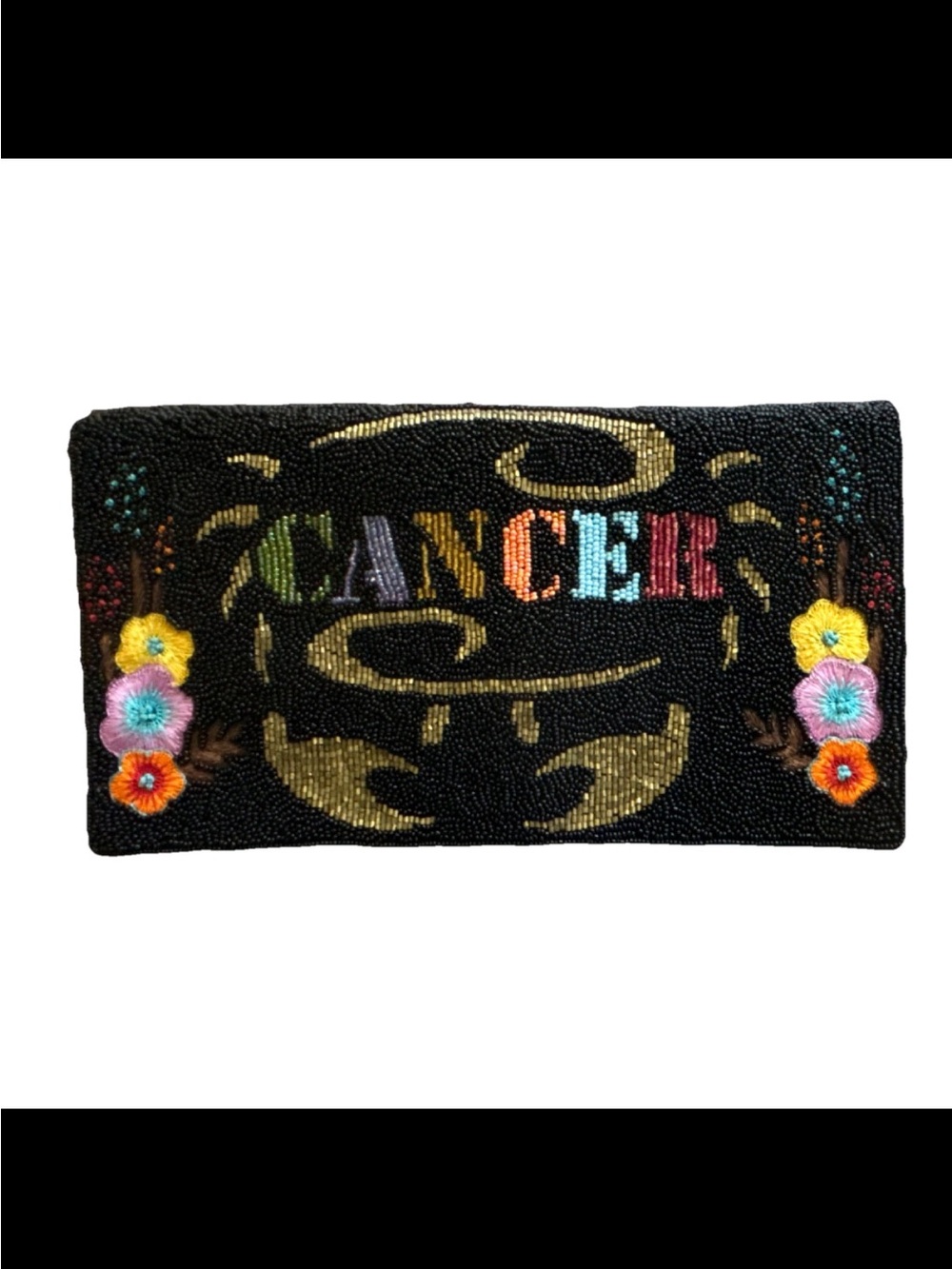 Mary Frances Black Beaded 'Cancer' Clutch with Multicolor Floral Embroidery